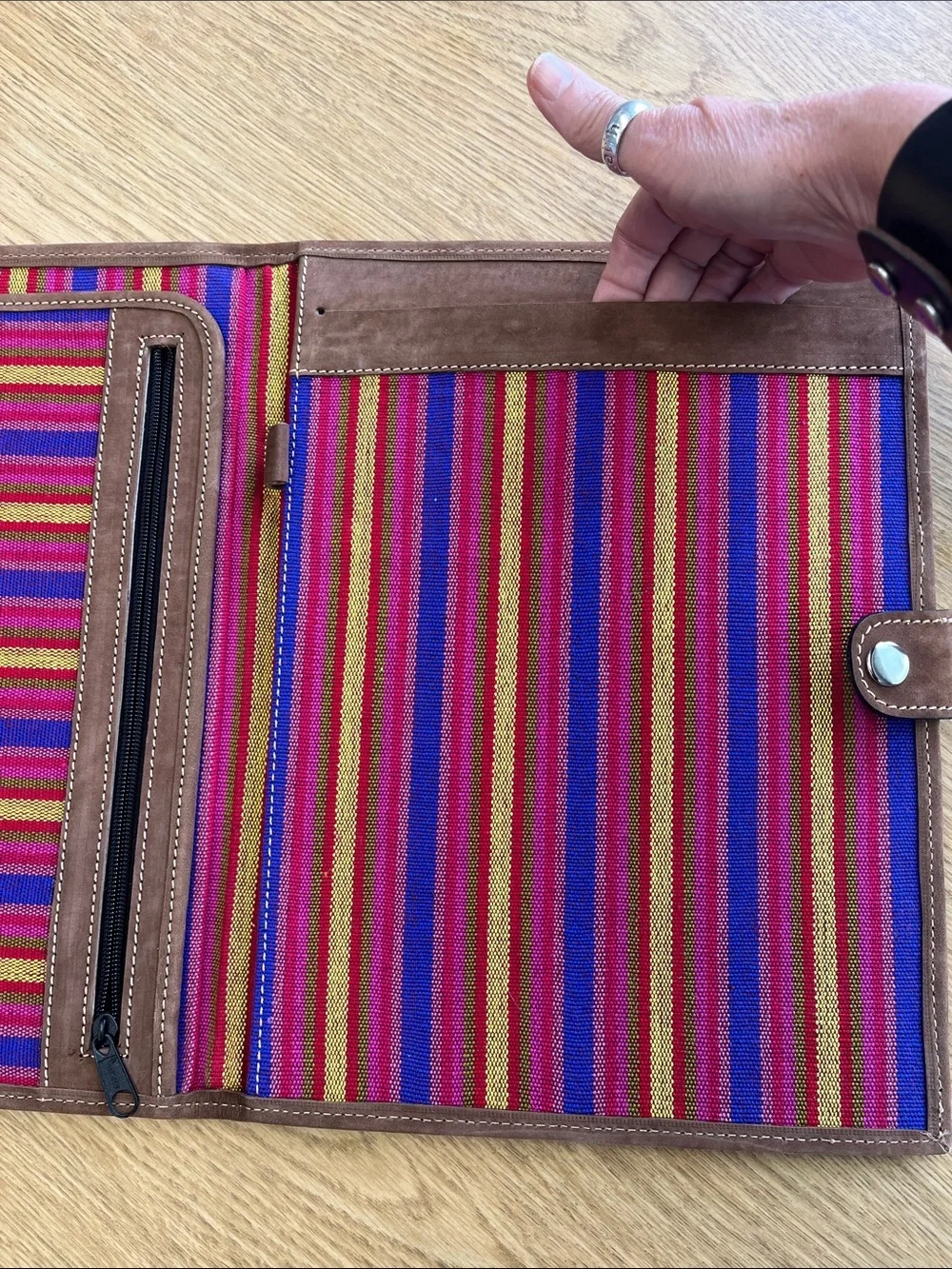 Striped Fabric and Leather Snap-Closure Portfolio